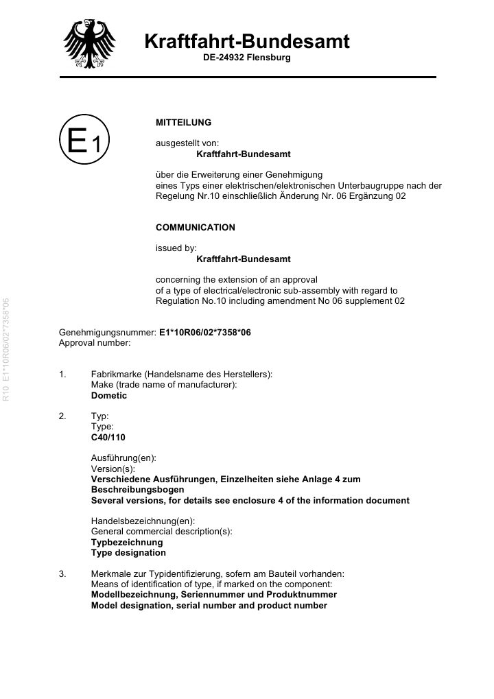 Первая страница документа Dometic C40/110 - ECE Type Approval E1