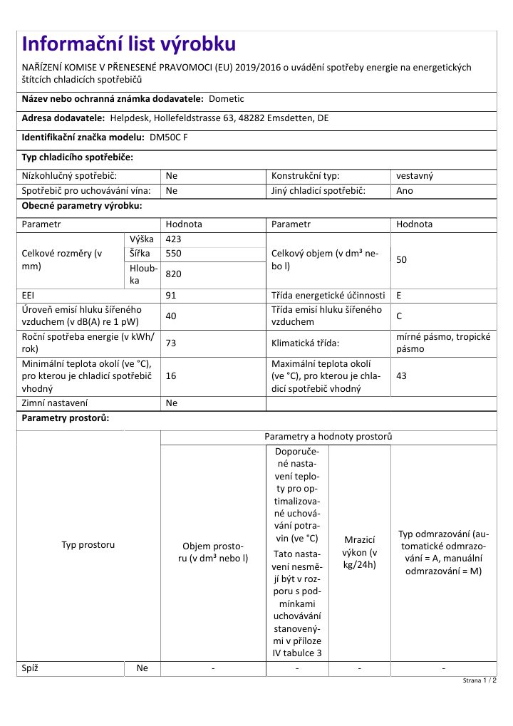 First page of Dometic DM50C F | Product Information Sheet CS