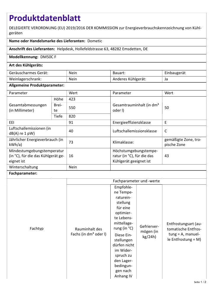 First page of Dometic DM50C F | Product Information Sheet DE