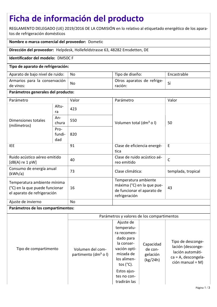 First page of Dometic DM50C F | Product Information Sheet ES