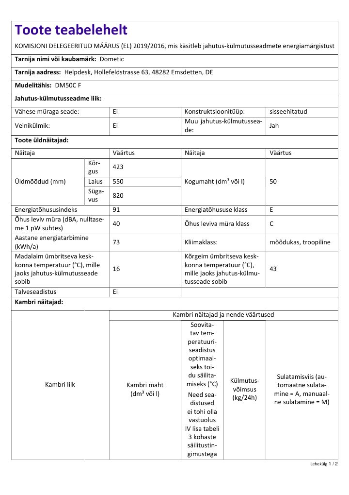 First page of Dometic DM50C F | Product Information Sheet ET