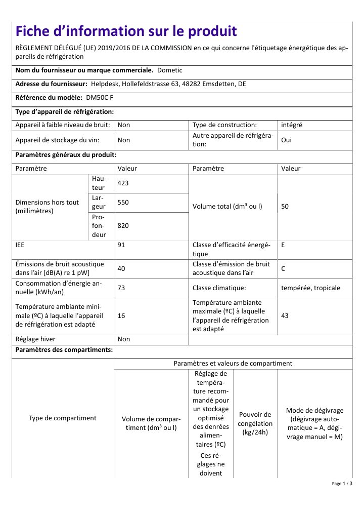 First page of Dometic DM50C F | Product Information Sheet FR