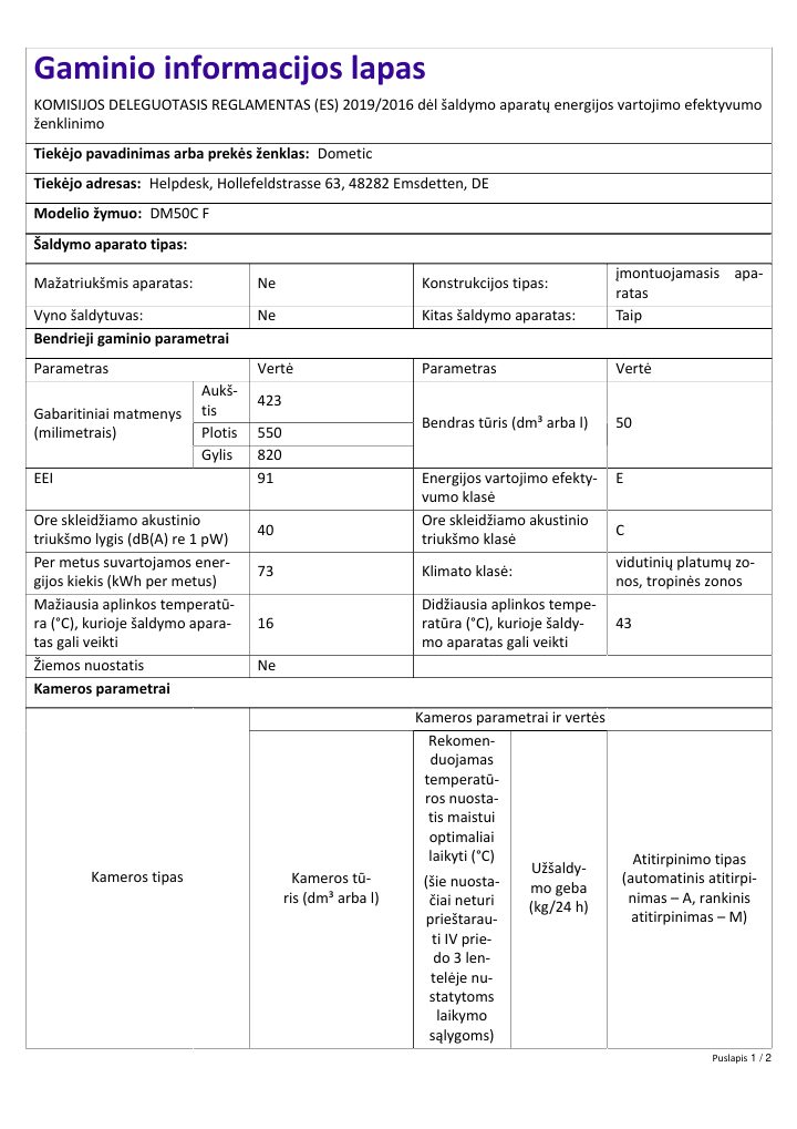First page of Dometic DM50C F | Product Information Sheet LT