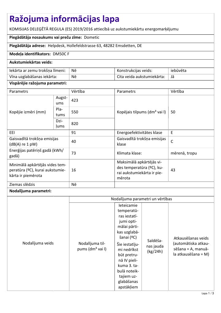 First page of Dometic DM50C F | Product Information Sheet LV
