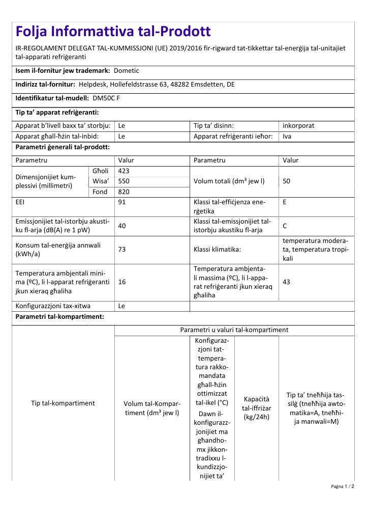 First page of Dometic DM50C F | Product Information Sheet MT