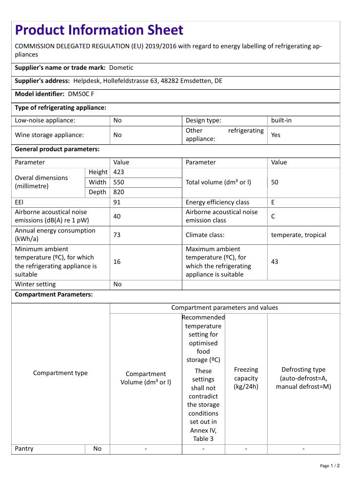 First page of Dometic DM50C F | Product Information Sheet NO