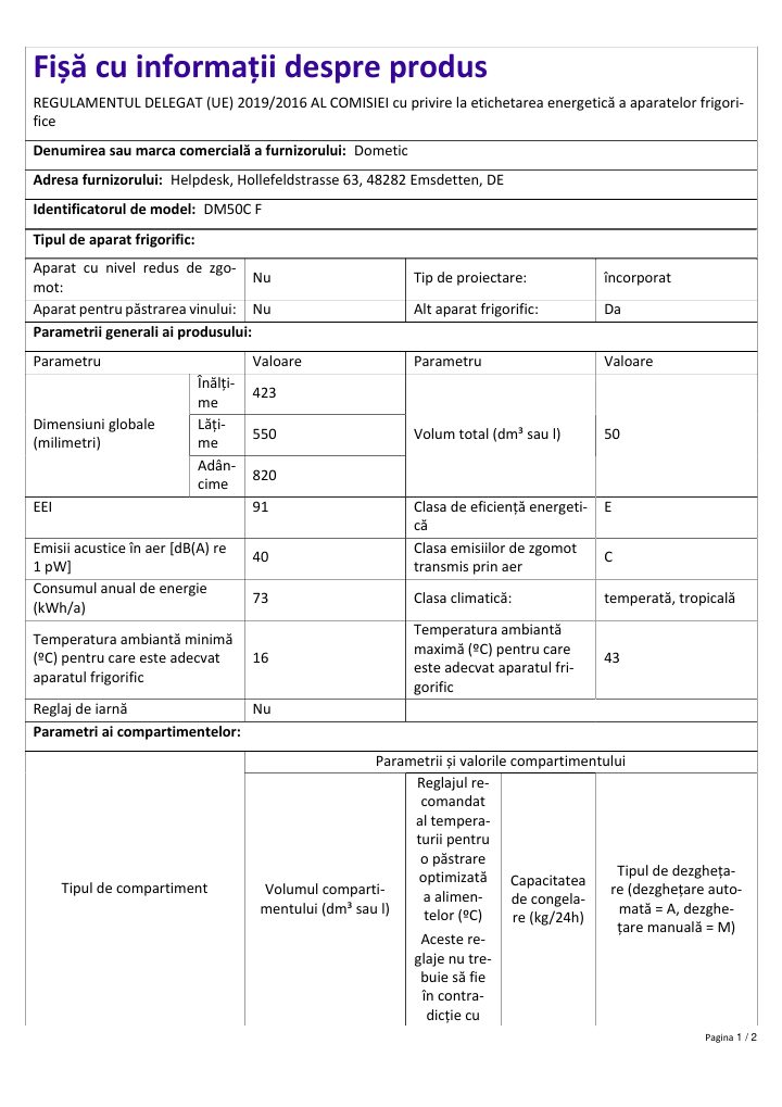 First page of Dometic DM50C F | Product Information Sheet RO