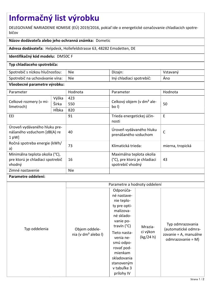 First page of Dometic DM50C F | Product Information Sheet SK