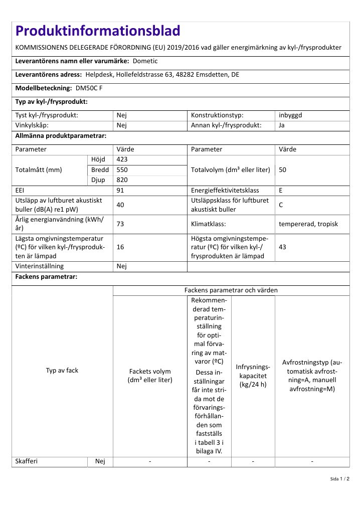 First page of Dometic DM50C F | Product Information Sheet SV