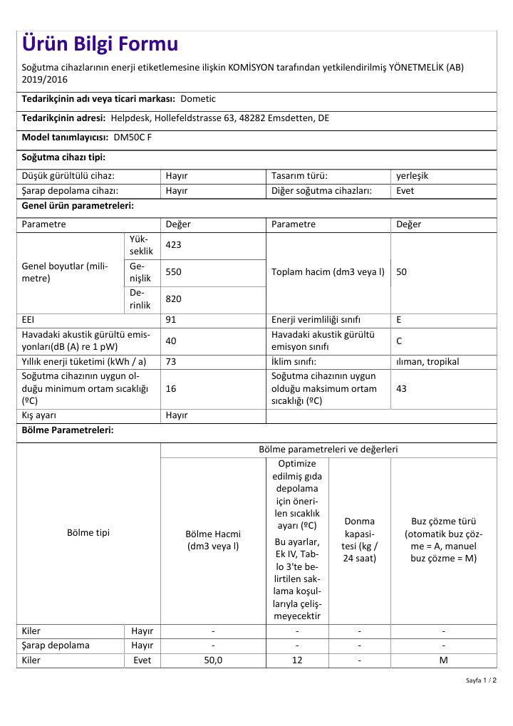 First page of Dometic DM50C F | Product Information Sheet TR