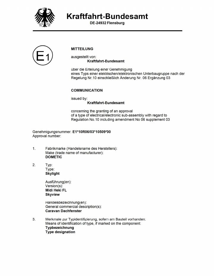 First page of Dometic Midi Heki FL motorized – Type Approval EU