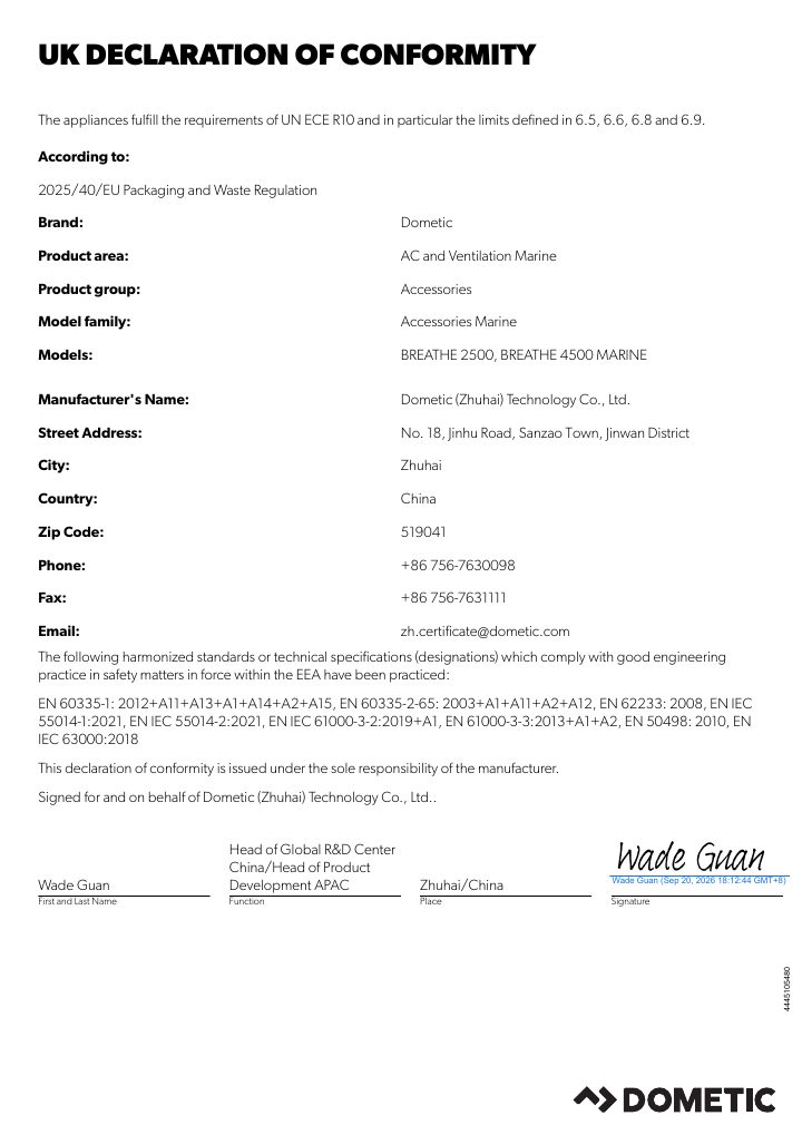 First page of Dometic BREATHE 2500, BREATHE 4500 MARINE – Declaration of Confirmity UK