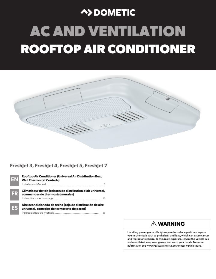 First page of Dometic FreshJet 3, FreshJet 4, FreshJet 5, FreshJet 7 (Universal ADB, Wall Thermostat Controls)