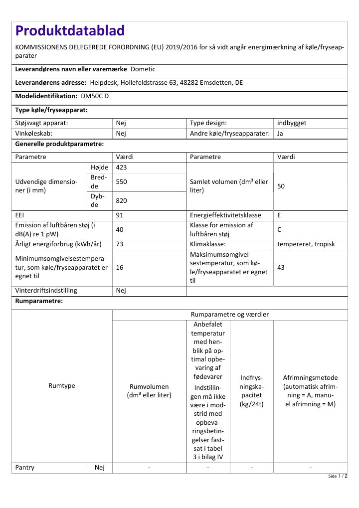 First page of Dometic DM50C D | Product Information Sheet DA