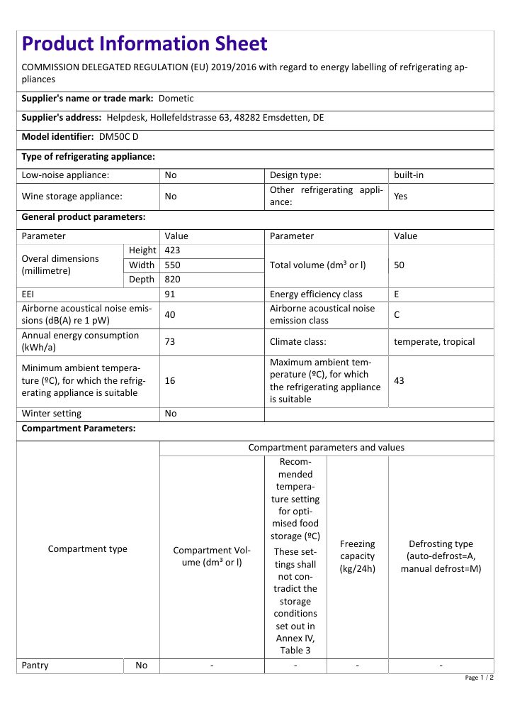 First page of Dometic DM50C D | Product Information Sheet EN