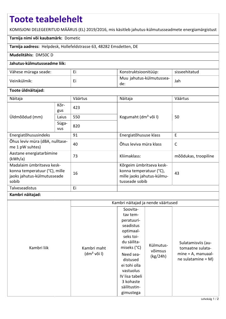 First page of Dometic DM50C D | Product Information Sheet ET
