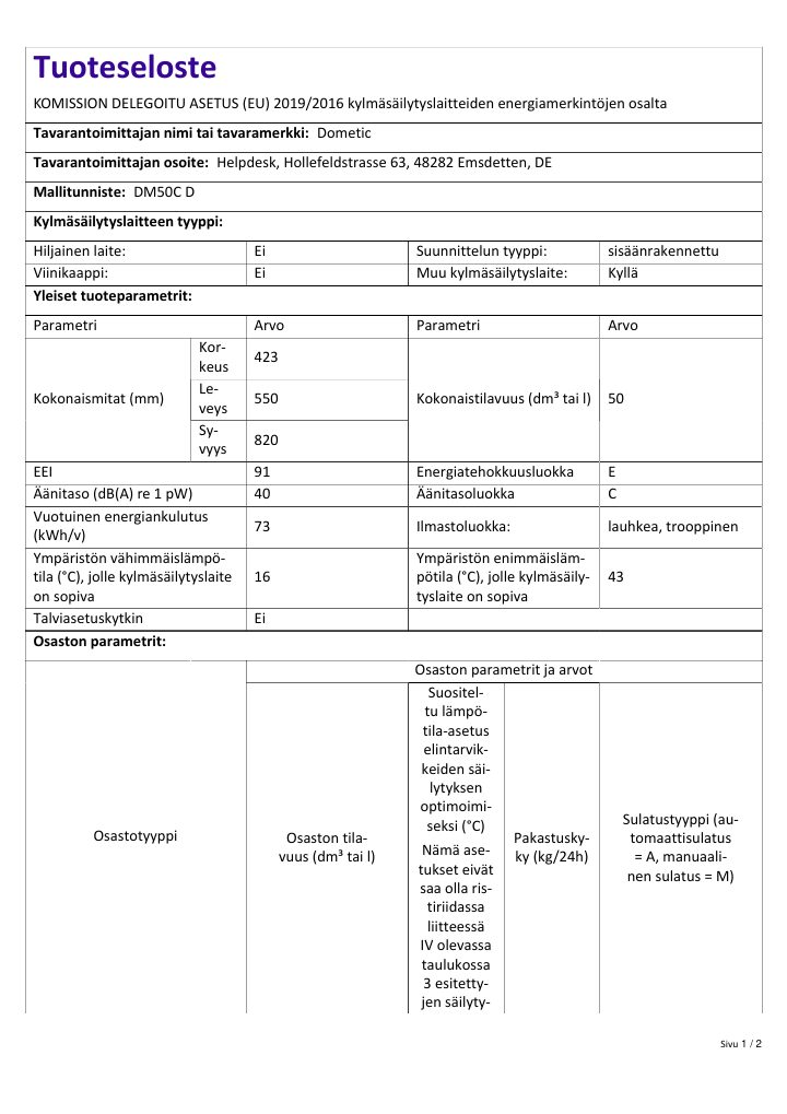 First page of Dometic DM50C D | Product Information Sheet FI