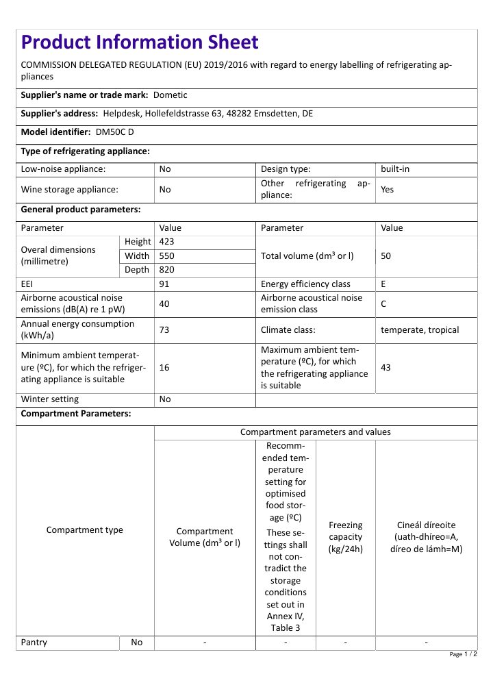 First page of Dometic DM50C D | Product Information Sheet GA
