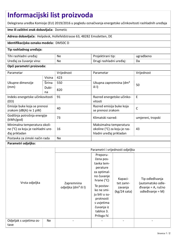 First page of Dometic DM50C D | Product Information Sheet HR