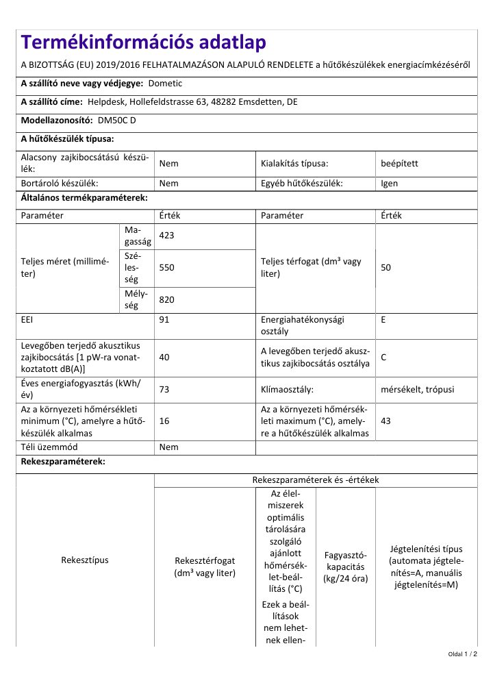 First page of Dometic DM50C D | Product Information Sheet HU