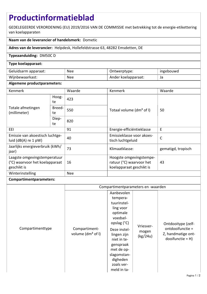 First page of Dometic DM50C D | Product Information Sheet NL