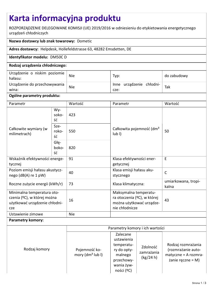 First page of Dometic DM50C D | Product Information Sheet PL