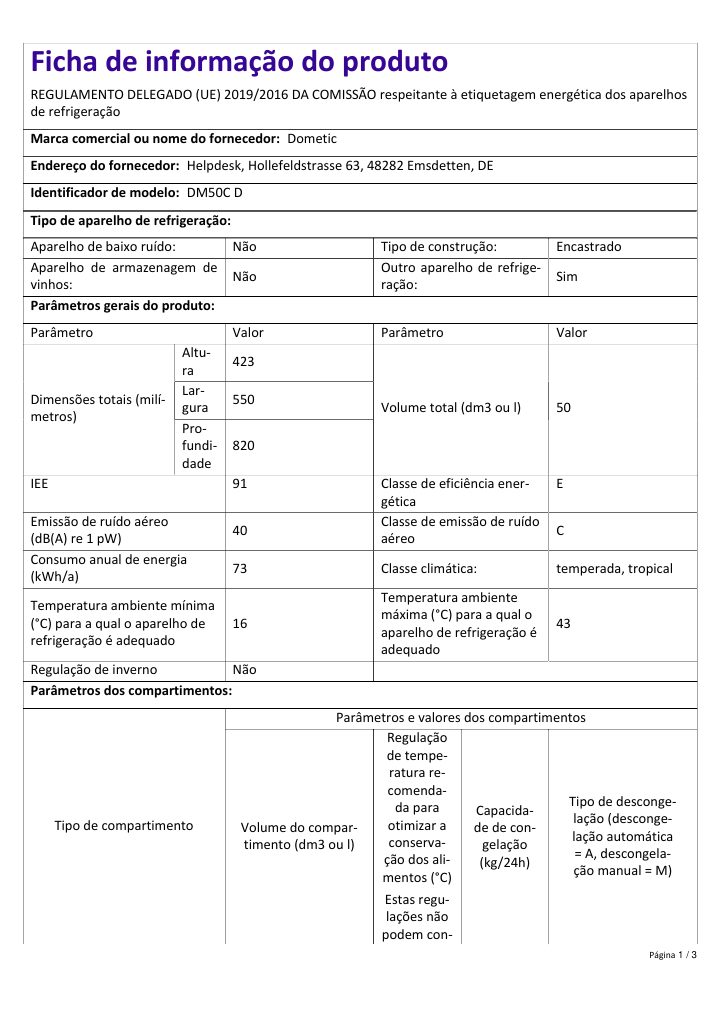 First page of Dometic DM50C D | Product Information Sheet PT