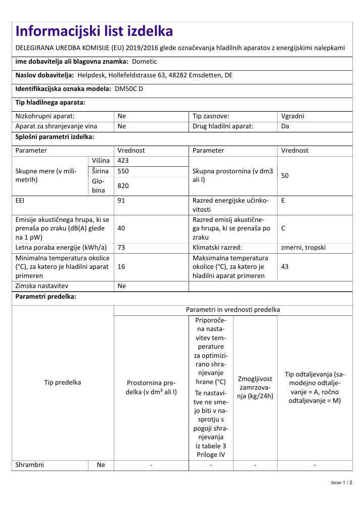 First page of Dometic DM50C D | Product Information Sheet SL