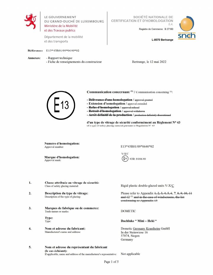 First page of Dometic Mini HEKI FL – Type Approval