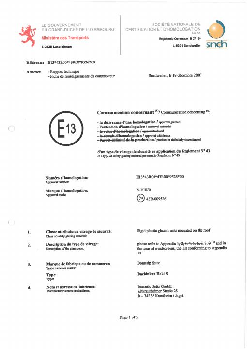 First page of Dometic Mini-Heki S FL – Type Approval
