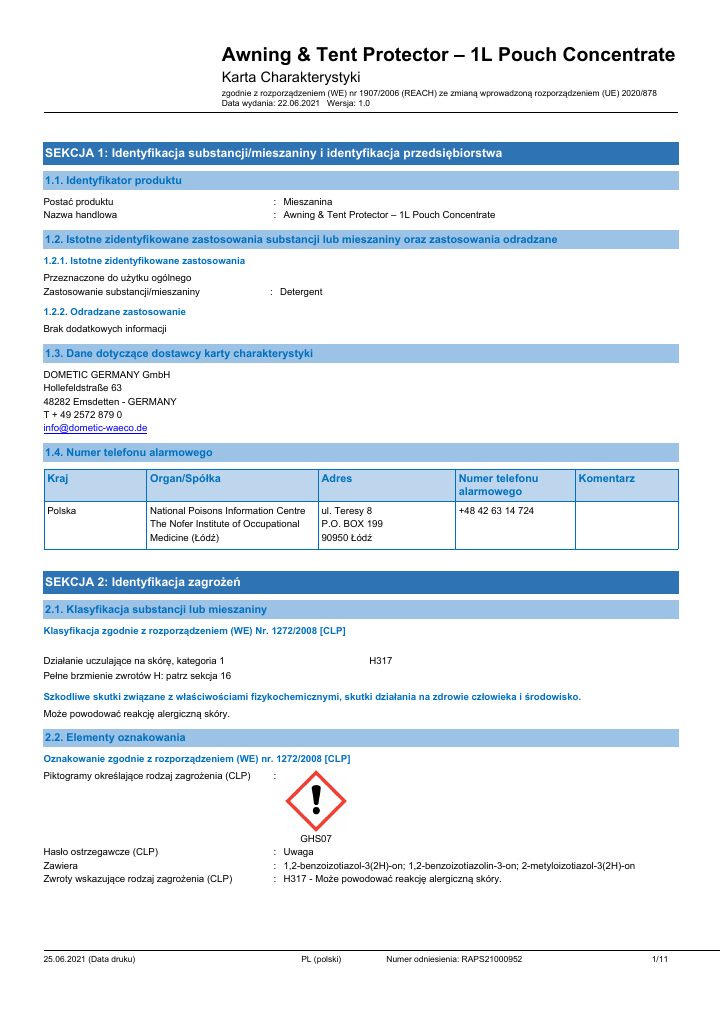 First page of Kampa Awning & Tent Protector Concentrate