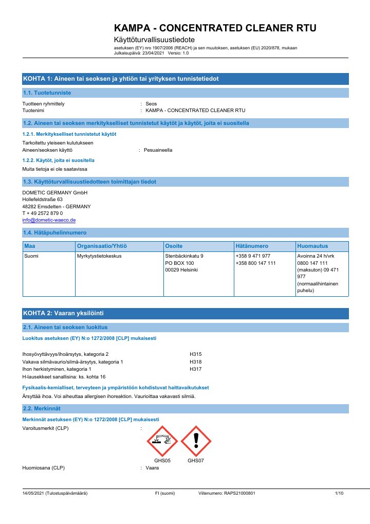 Eerste pagina van Kampa Concentrated Cleaner