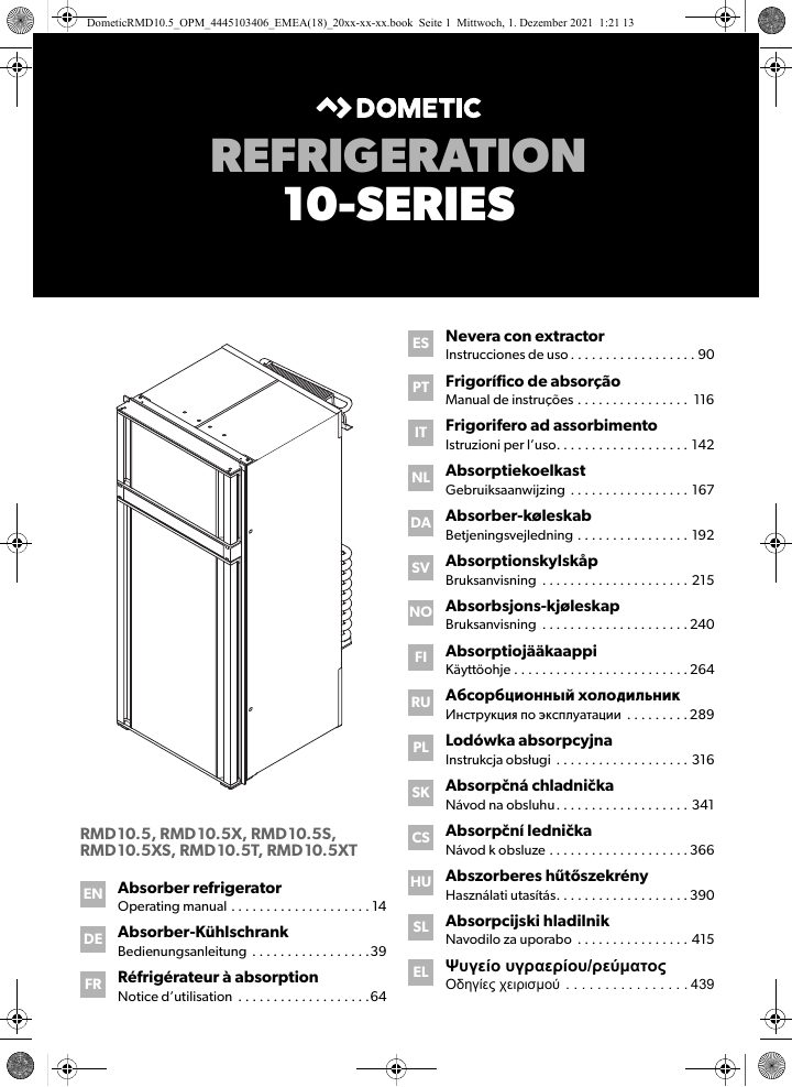 Première page de Dometic RMD10.5, RMD10.5X, RMD10.5S, RMD10.5XS, RMD10.5T, RMD10.5XT