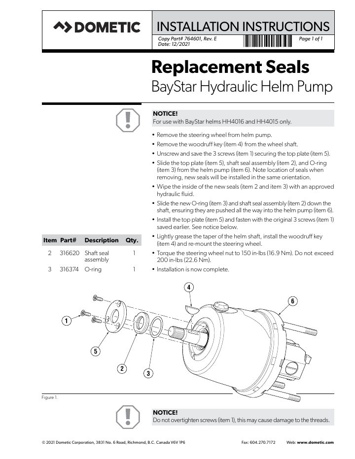 Eerste pagina van Dometic BayStar Hydraulic Helm Pump Replacement Seals