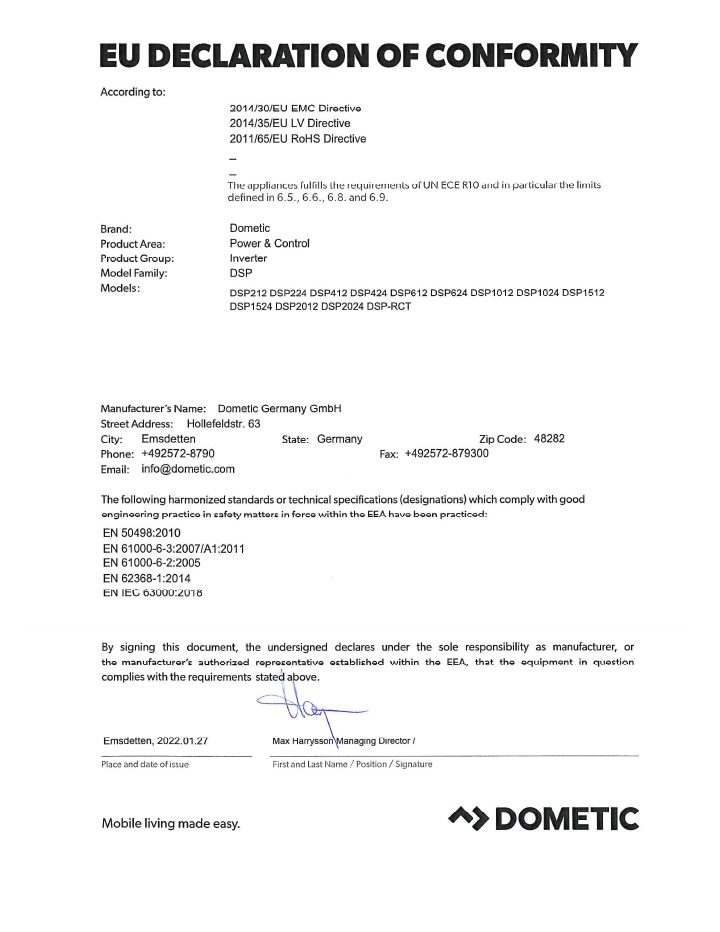 První strana dokumentu Dometic DSP Series - Declaration of Conformity