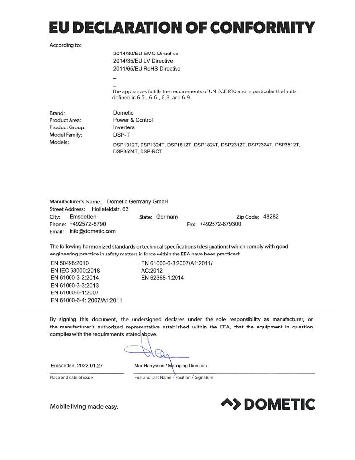 Première page de Dometic DSPT RCT - Declaration of Conformity