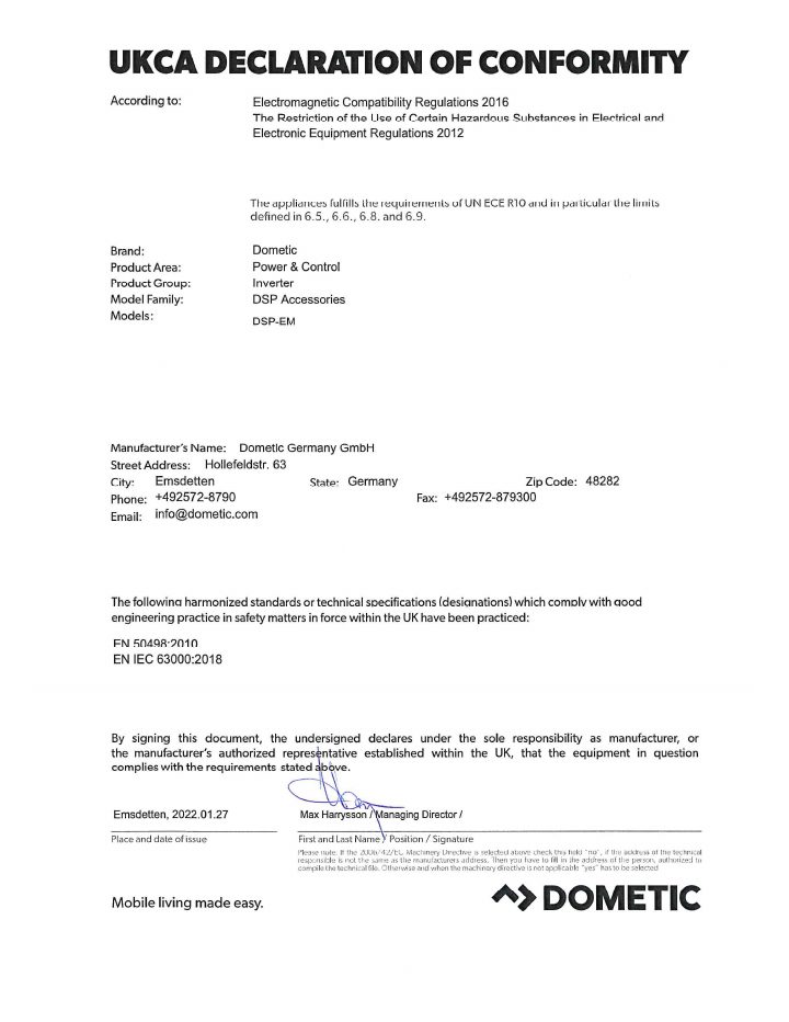 Första sidan i Dometic DSP EM Series - Declaration of Conformity UKCA