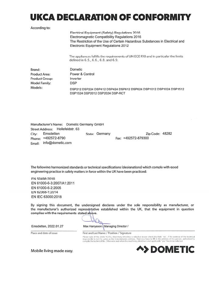 Første side av Dometic DSP Series - Declaration of Conformity UKCA