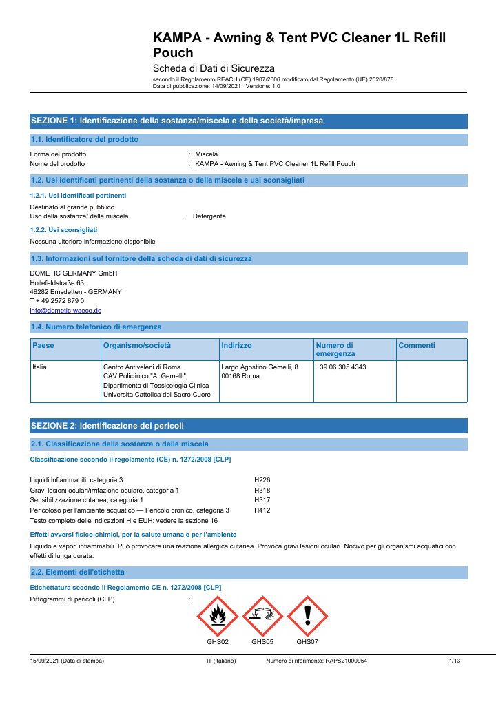 Første side af Kampa Awning & Tent Cleaner Concentrate - Safety Data Sheet - Italy(IT)