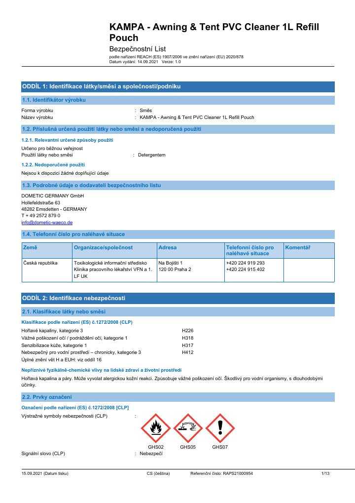 Prima pagina di Kampa Awning & Tent Cleaner Concentrate - Safety Data Sheet - Czech Republic(CZ)