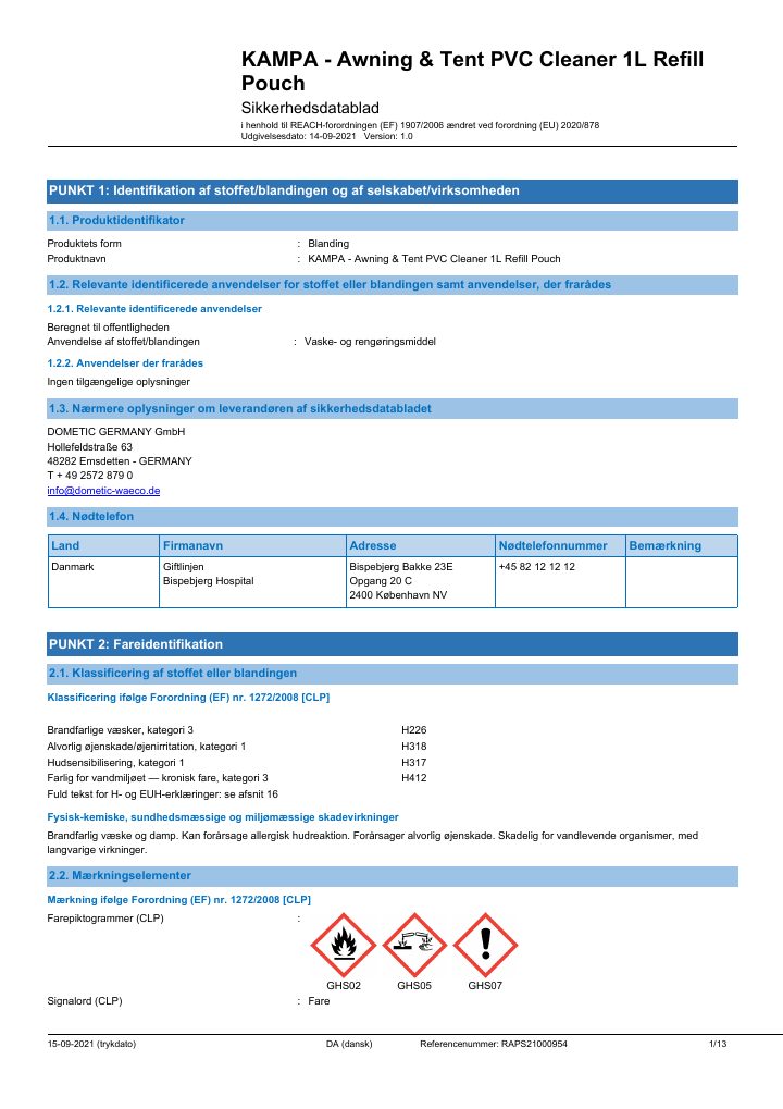 Første side af Kampa Awning & Tent Cleaner Concentrate - Safety Data Sheet - Denmark(DA)