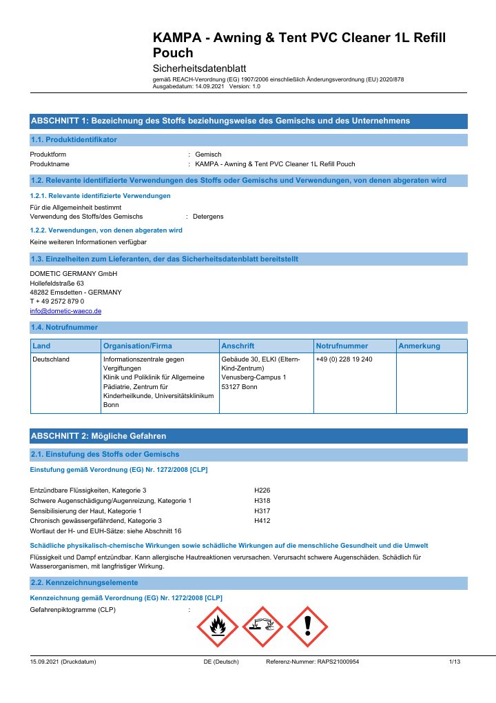Første side af Kampa Awning & Tent Cleaner Concentrate - Safety Data Sheet - Germany(DE)