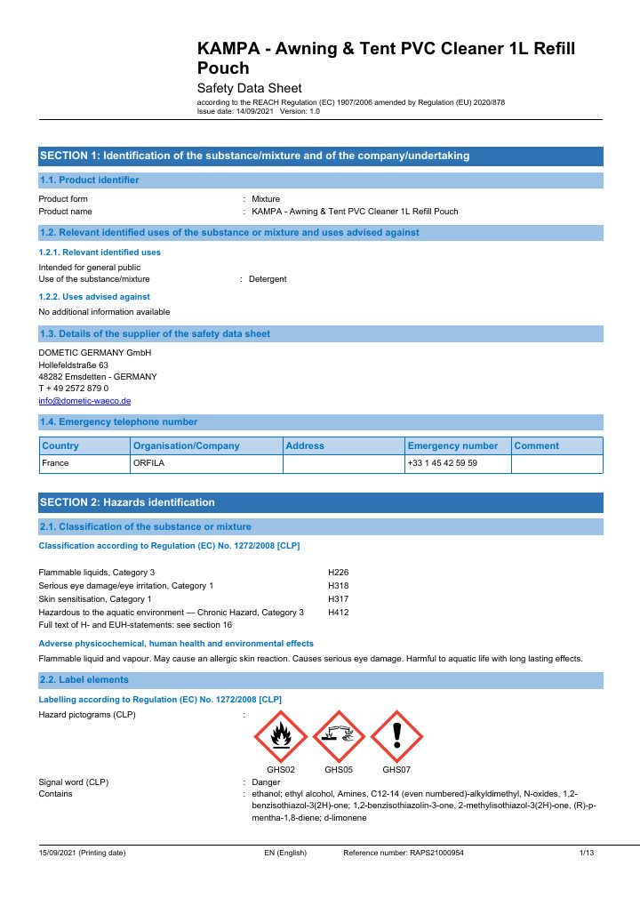 Prima pagina di Kampa Awning & Tent Cleaner Concentrate - Safety Data Sheet - United Kingdom(EN)