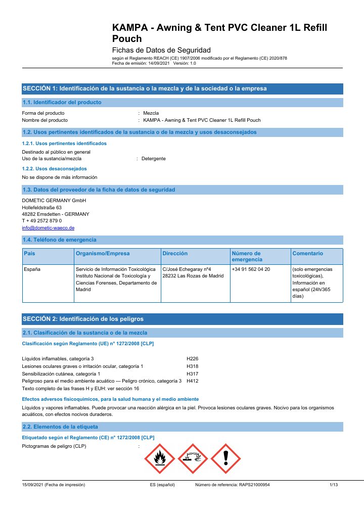 Første side af Kampa Awning & Tent Cleaner Concentrate - Safety Data Sheet - Spain(ES)