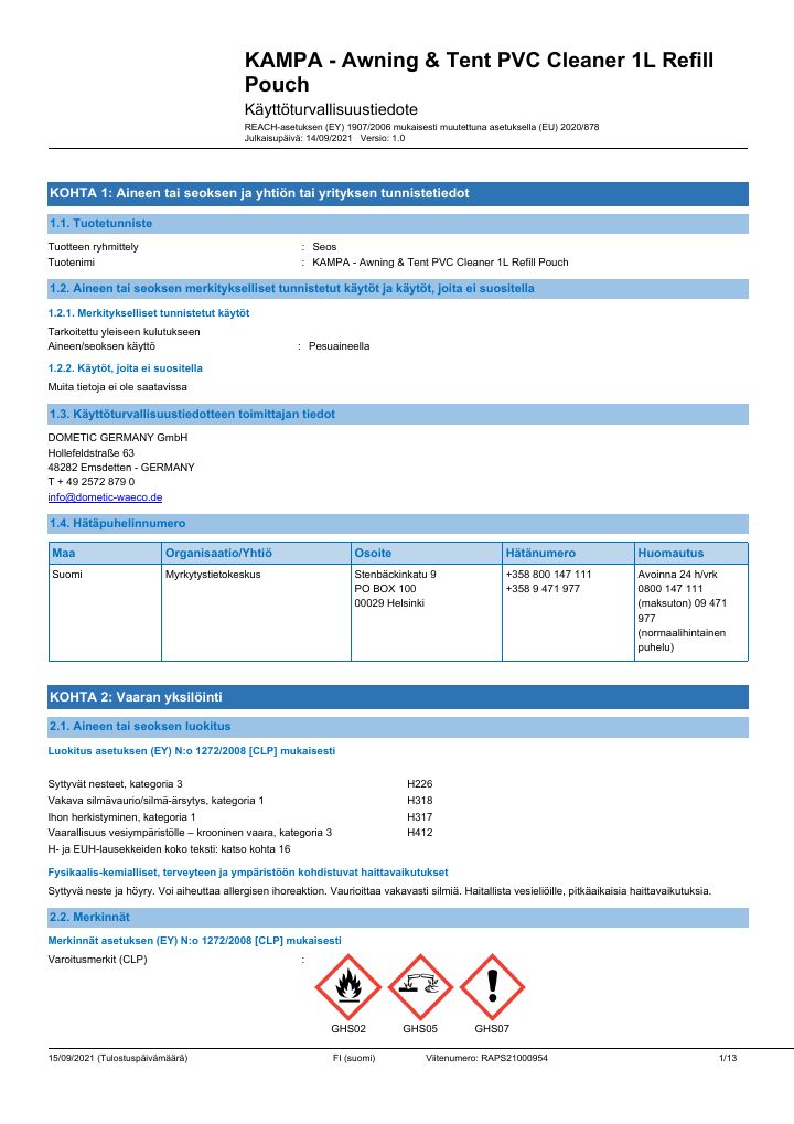 Første side af Kampa Awning & Tent Cleaner Concentrate - Safety Data Sheet - Finland(FI)