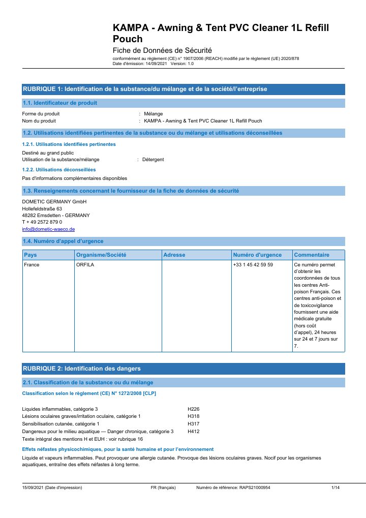 Prima pagina di Kampa Awning & Tent Cleaner Concentrate - Safety Data Sheet - France(FR)