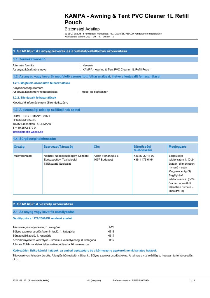 Kampa Awning & Tent Cleaner Concentrate - Safety Data Sheet - Hungary(HU): ensimmäinen sivu