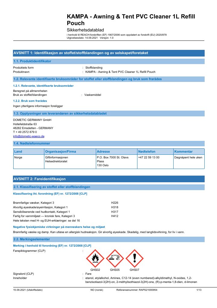 Første side av Kampa Awning & Tent Cleaner Concentrate - Safety Data Sheet - Norway(NO)
