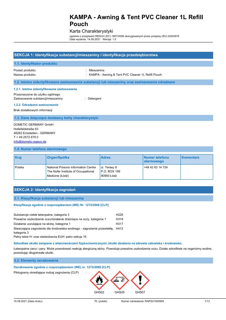 Første side af Kampa Awning & Tent Cleaner Concentrate - Safety Data Sheet - Poland(PL)