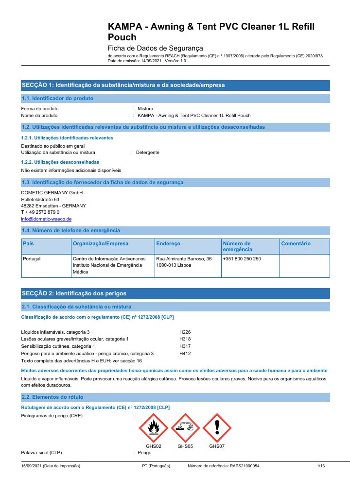Første side af Kampa Awning & Tent Cleaner Concentrate - Safety Data Sheet - Portugal(PT)